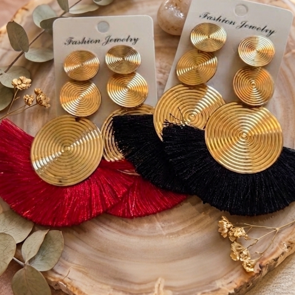 Set Of 2: Gold-tone Triple Disc Fan Tassel Earrings in Red or Black